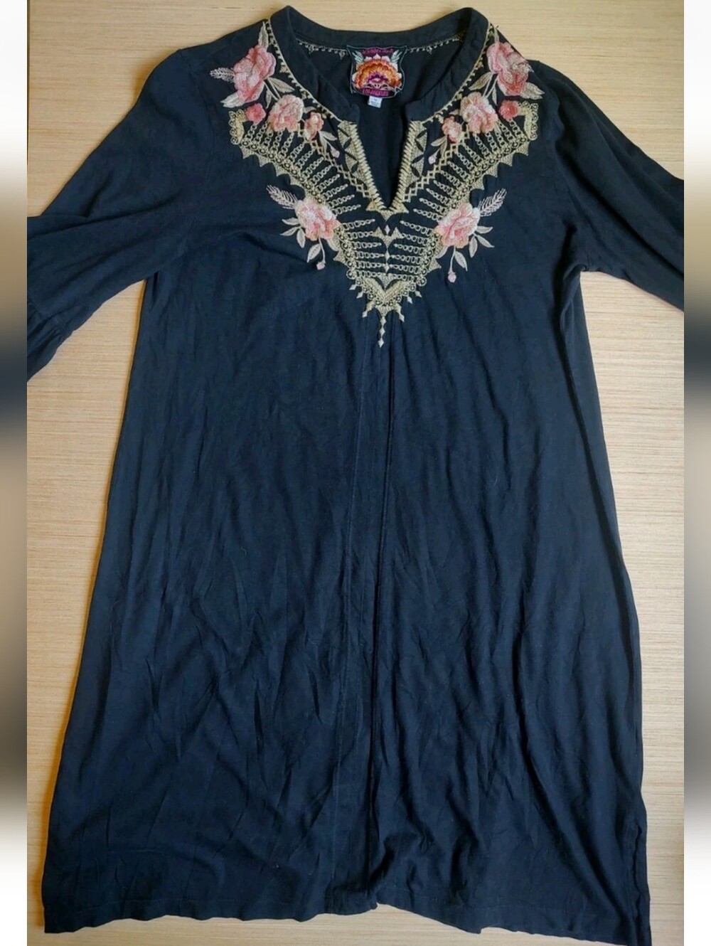 Johnny Was Rianne Flared Sleeve Tunic Dress Embroidered Black Slits Cotton M